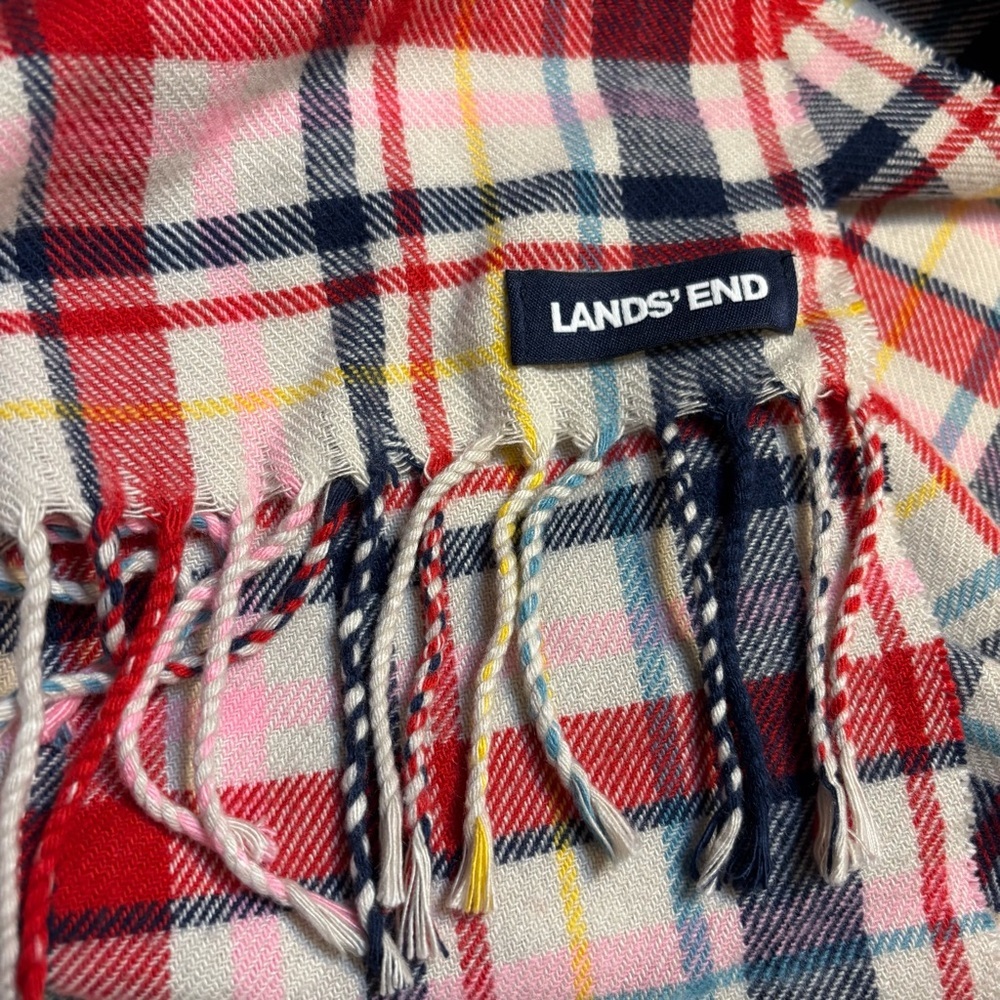 Lands' End Scarf Multicolor Plaid White Blue Red Pink Rope Fringe Cozy Soft - Picture 7 of 10